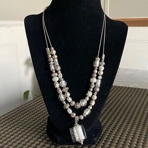 Strand Silver Beaded Necklace with Clear Pendant